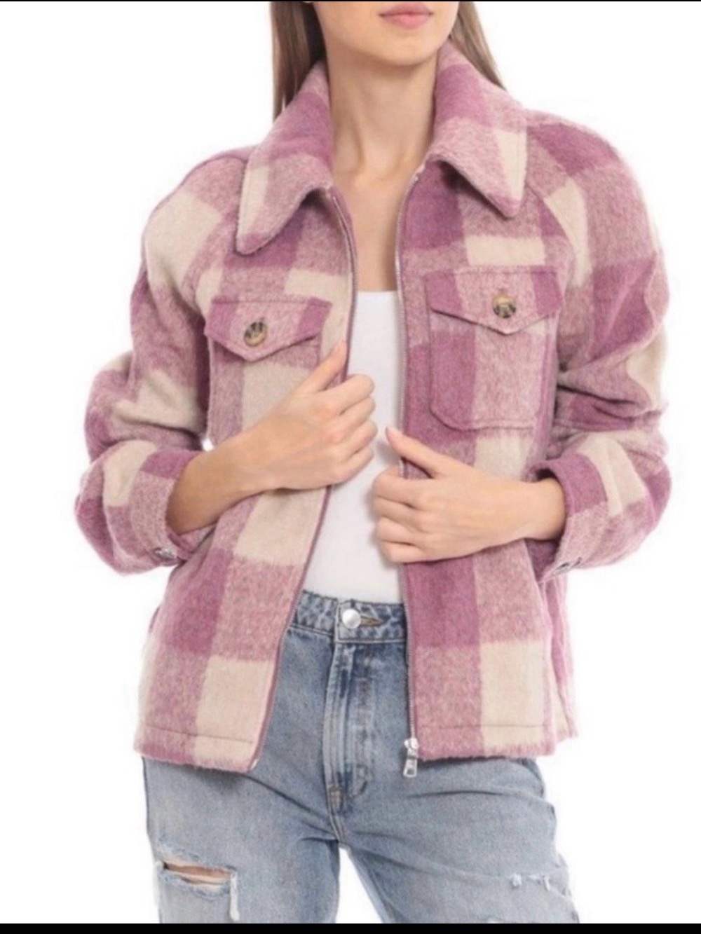 Anthropologie Avec Les Filles Women’s Pink Plaid Zip Crop Top Jacket Size Small
